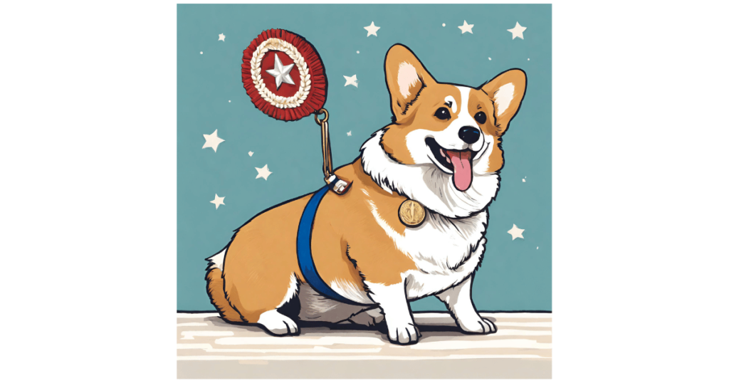メダルをもらうコーギー